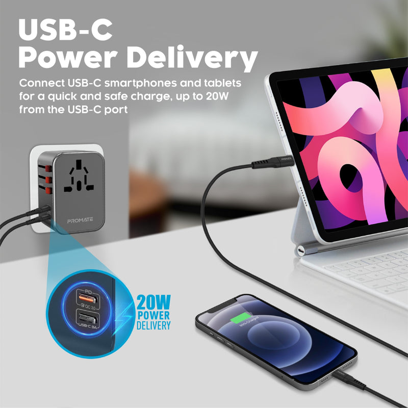 Promate Multi-Port Smart Charging Protected Universal Travel Adapter | TripMate-36W |