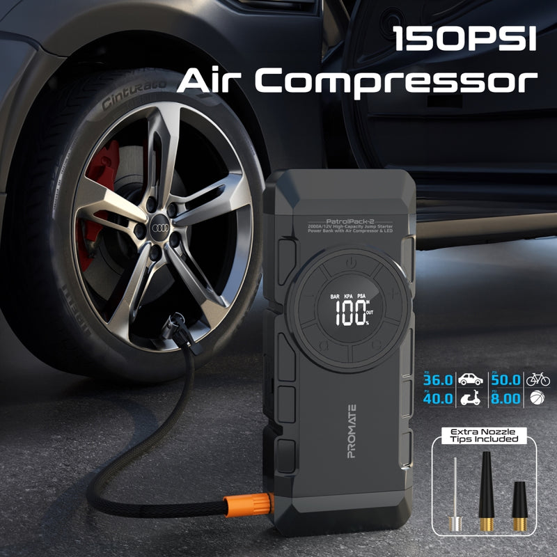 Promate 4 in 1 Kit 2000A/12V High-Capacity Jump Starter, Power Bank, Air Compressor & LED Flashlight | PatrolPack-2 |