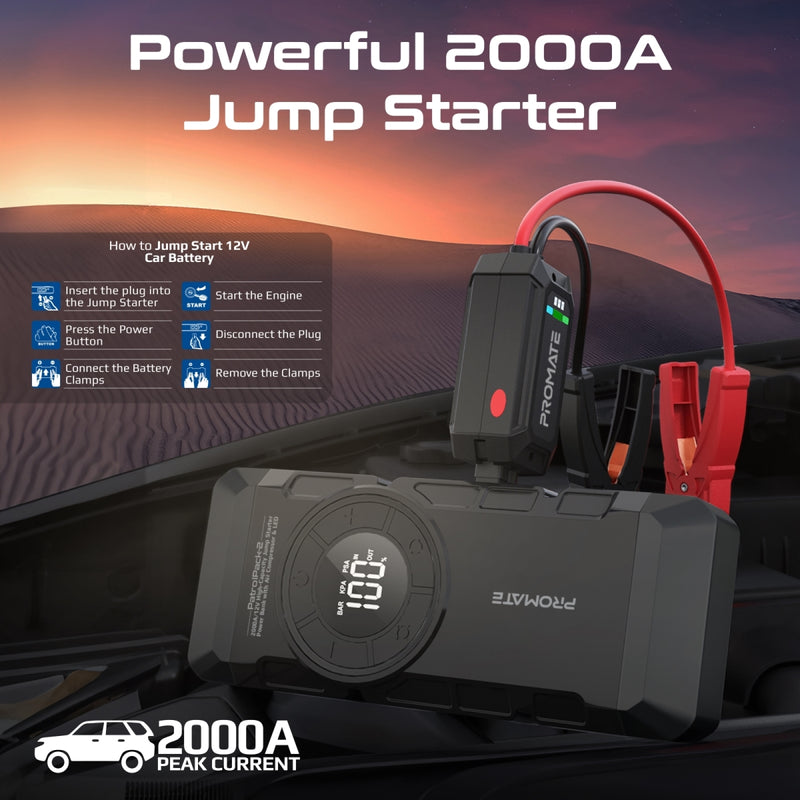 Promate 4 in 1 Kit 2000A/12V High-Capacity Jump Starter, Power Bank, Air Compressor & LED Flashlight | PatrolPack-2 |
