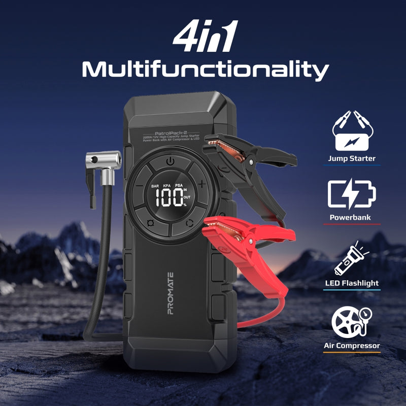 Promate 4 in 1 Kit 2000A/12V High-Capacity Jump Starter, Power Bank, Air Compressor & LED Flashlight | PatrolPack-2 |