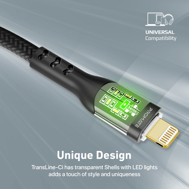 Promate 27W Power Delivery USB-C to Lightning Cable with Transparent Shells | TransLine-Ci |