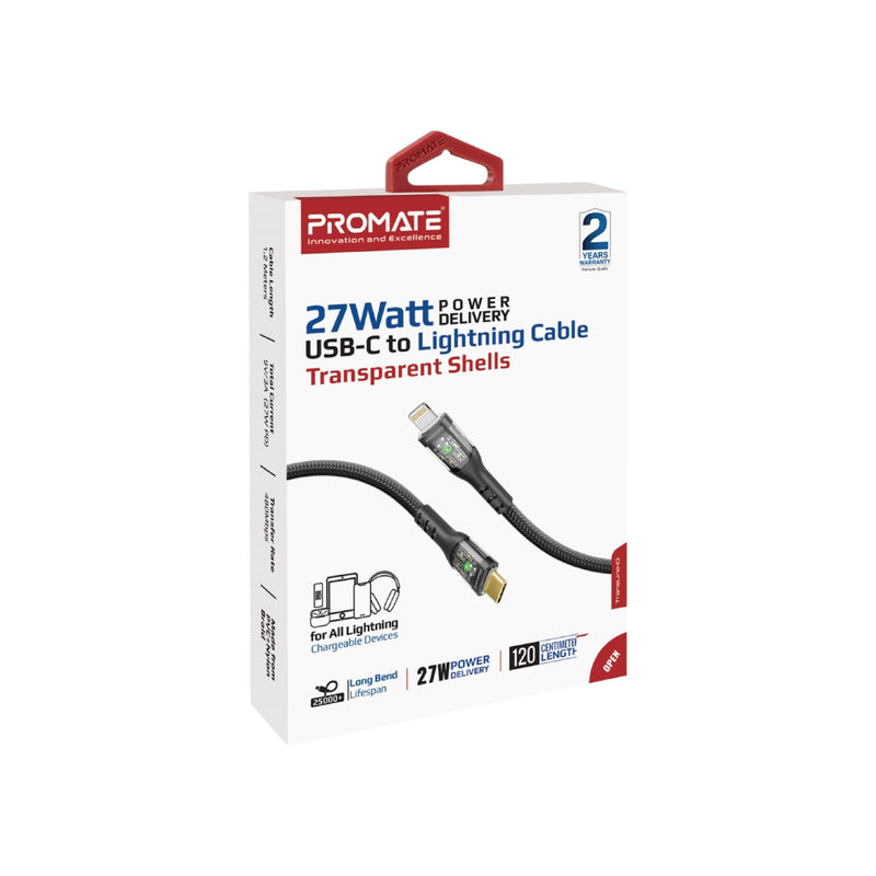 Promate 27W Power Delivery USB-C to Lightning Cable with Transparent Shells | TransLine-Ci |