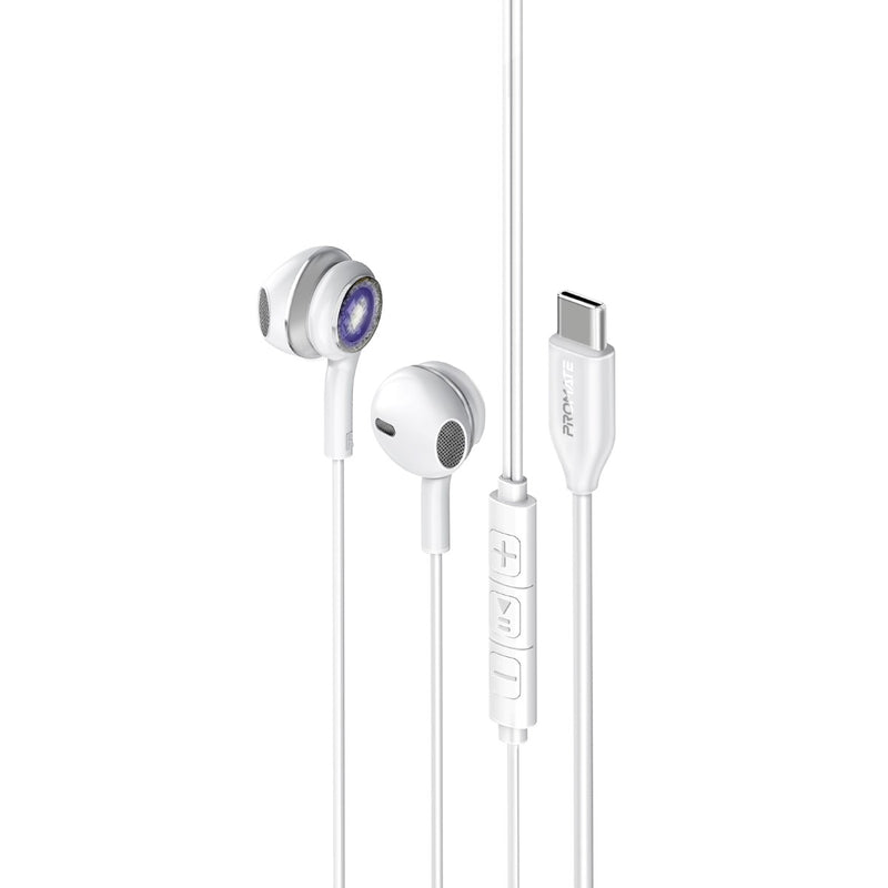 Promate Transparent Stereo USB-C Wired RGB Earphones | LumiBuds-C |