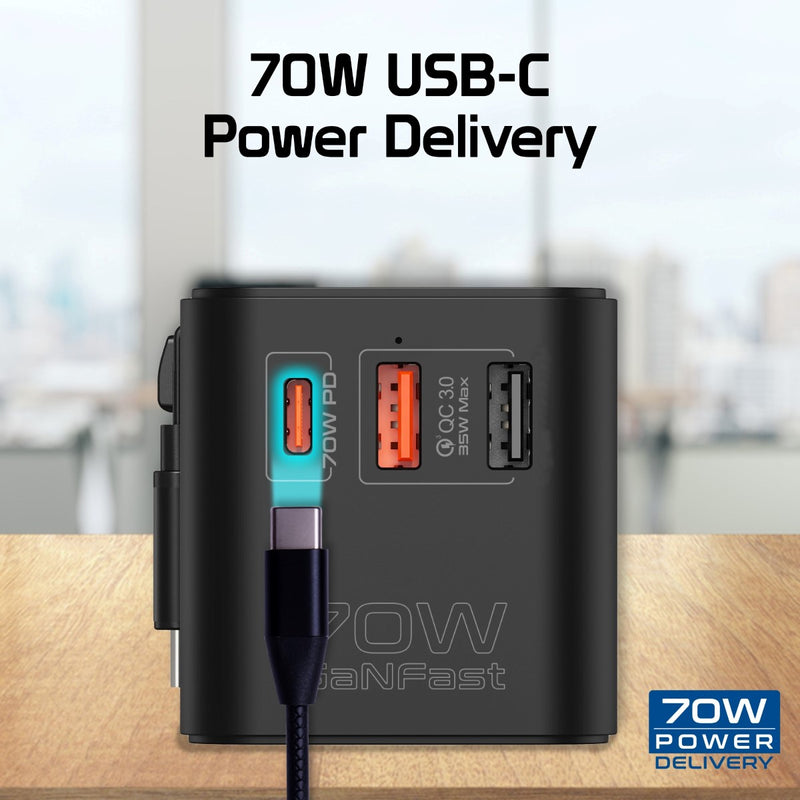 Promate Multi-Port 70W GaN Travel Adapter with Retractable Built-in USB-C Cable | TripMate-GaN70R |