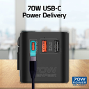 Promate Multi-Port 70W GaN Travel Adapter with Retractable Built-in USB-C Cable | TripMate-GaN70R |