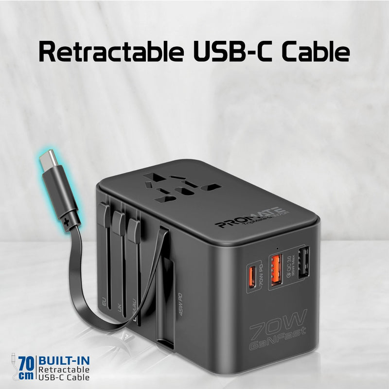 Promate Multi-Port 70W GaN Travel Adapter with Retractable Built-in USB-C Cable | TripMate-GaN70R |