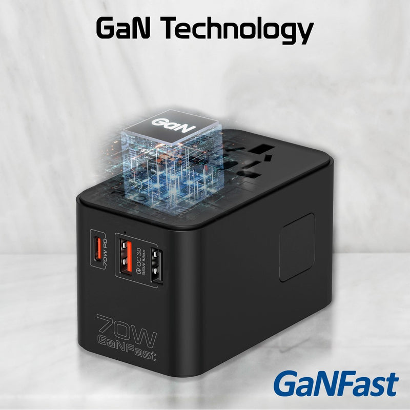 Promate Multi-Port 70W GaN Travel Adapter with Retractable Built-in USB-C Cable | TripMate-GaN70R |