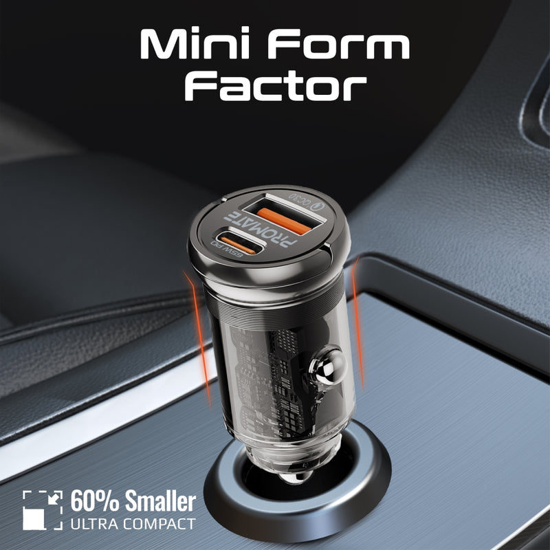 Promate 65W RapidCharge™ Transparent Mini Car Charger with Power Delivery & QC 3.0 | TransDrive-65W |