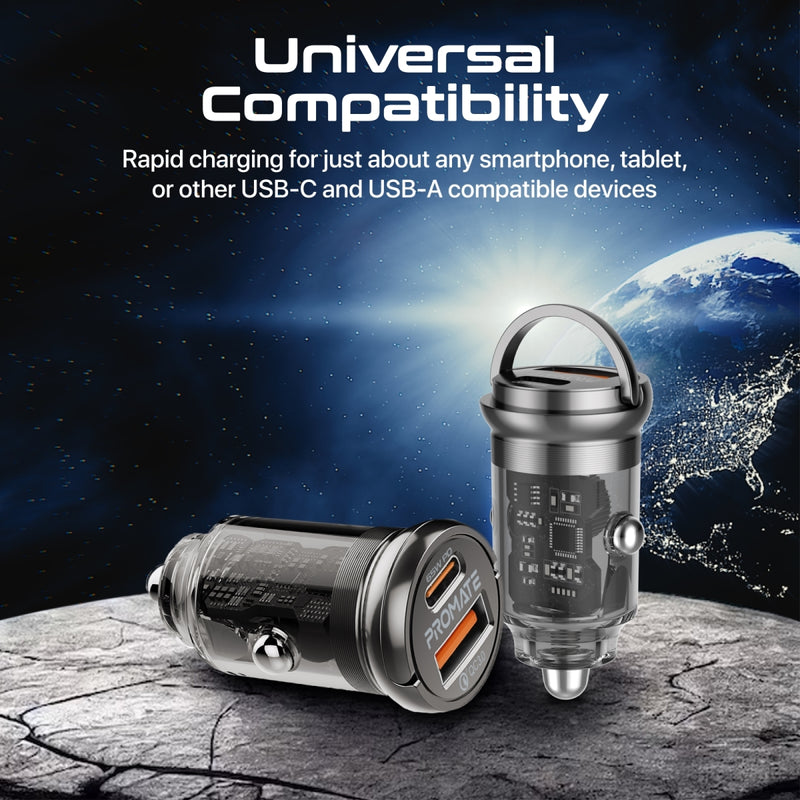 Promate 65W RapidCharge™ Transparent Mini Car Charger with Power Delivery & QC 3.0 | TransDrive-65W |