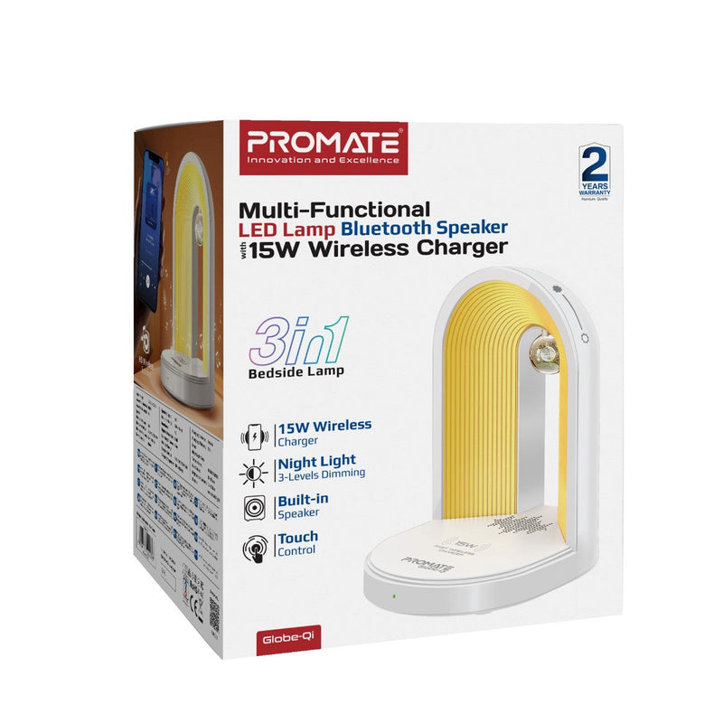 Promate 3 in 1 Multi-Functional LED Lamp, Bluetooth Speaker, with 15W Wireless Charger | Globe-Qi |