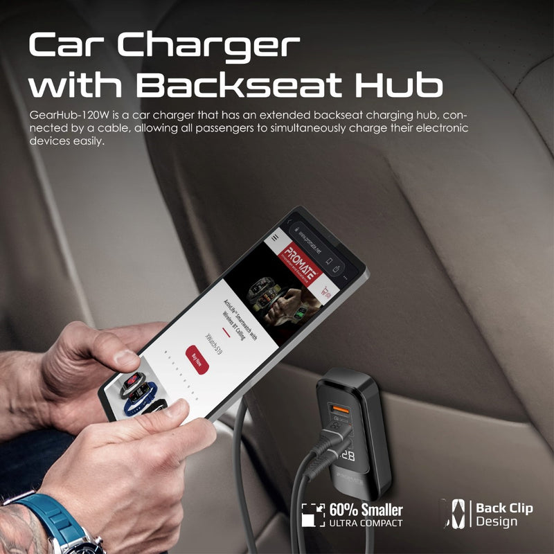 Promate 120W RapidCharge™ Car Charger with Multi-Port Backseat Charging Hub | GearHub-120W |