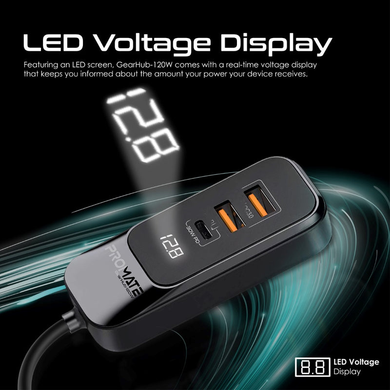 Promate 120W RapidCharge™ Car Charger with Multi-Port Backseat Charging Hub | GearHub-120W |