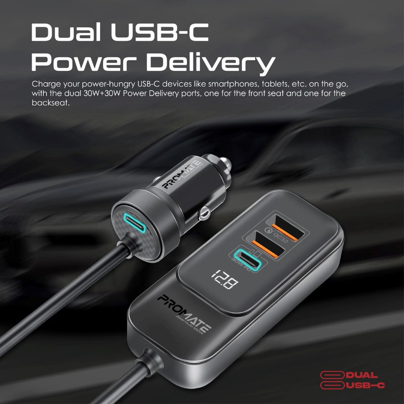 Promate 120W RapidCharge™ Car Charger with Multi-Port Backseat Charging Hub | GearHub-120W |