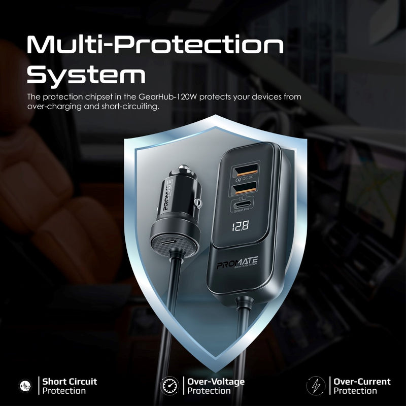 Promate 120W RapidCharge™ Car Charger with Multi-Port Backseat Charging Hub | GearHub-120W |