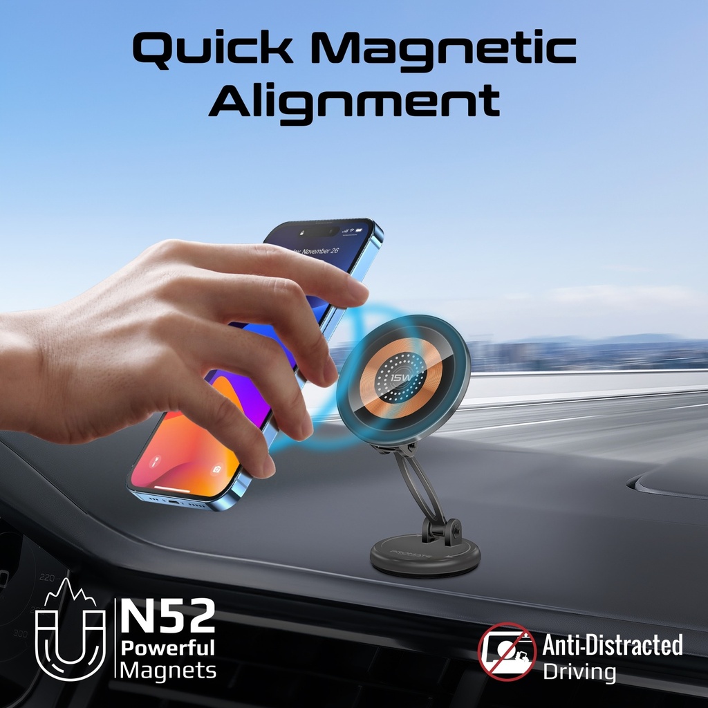 Promate Foldable MagSafe Compatible 15W Wireless Charging Car Mount, Metal Ring Plate Included | Magnus2-Qi |