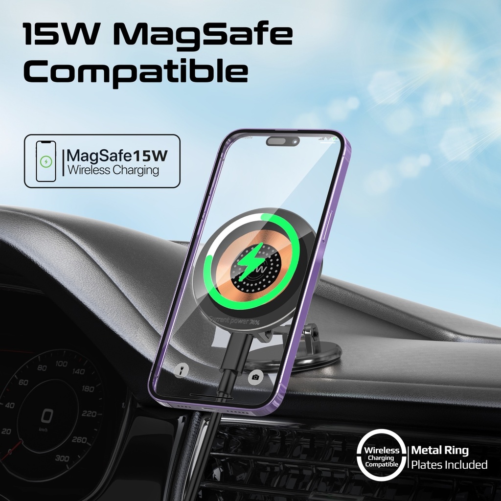 Promate Foldable MagSafe Compatible 15W Wireless Charging Car Mount, Metal Ring Plate Included | Magnus2-Qi |