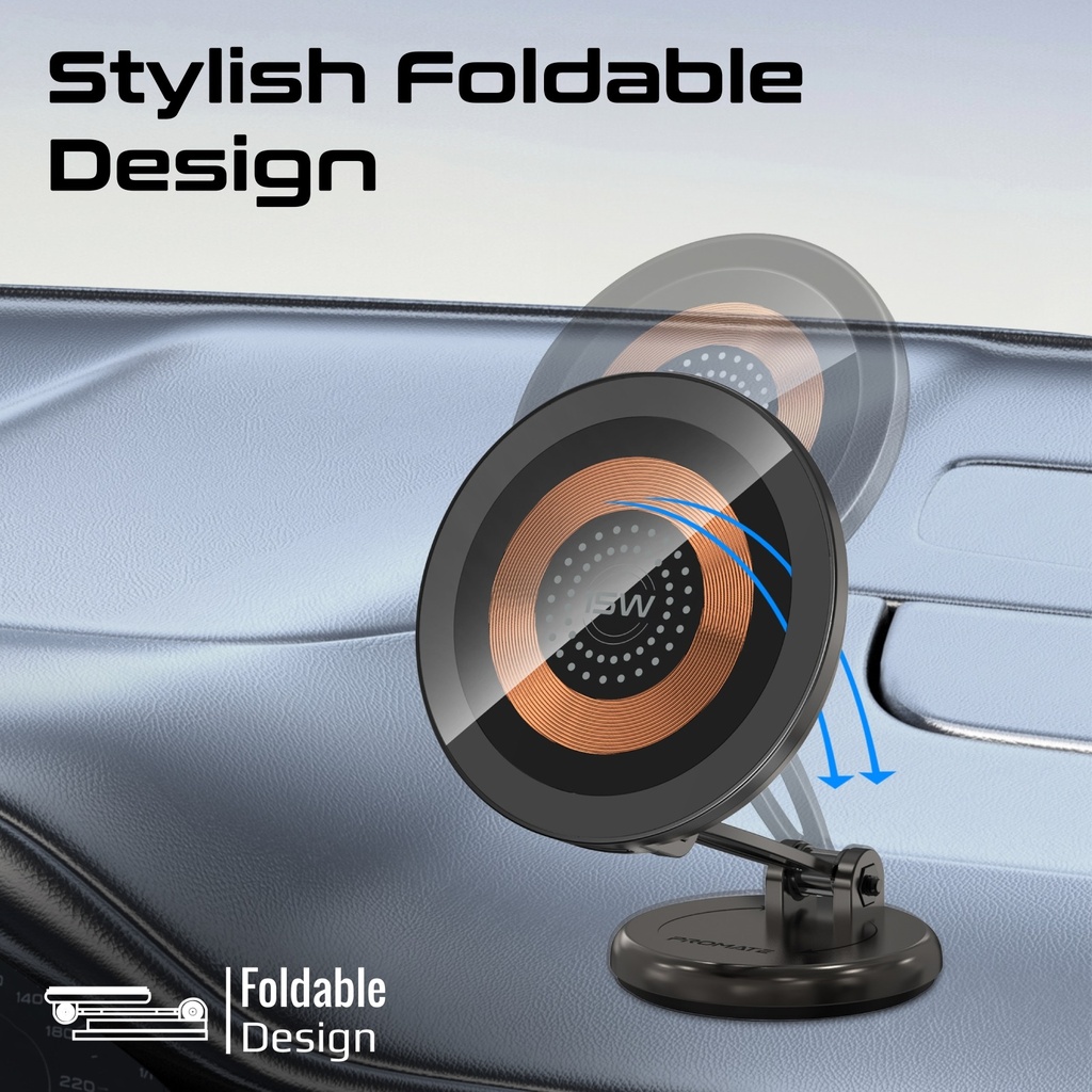 Promate Foldable MagSafe Compatible 15W Wireless Charging Car Mount, Metal Ring Plate Included | Magnus2-Qi |