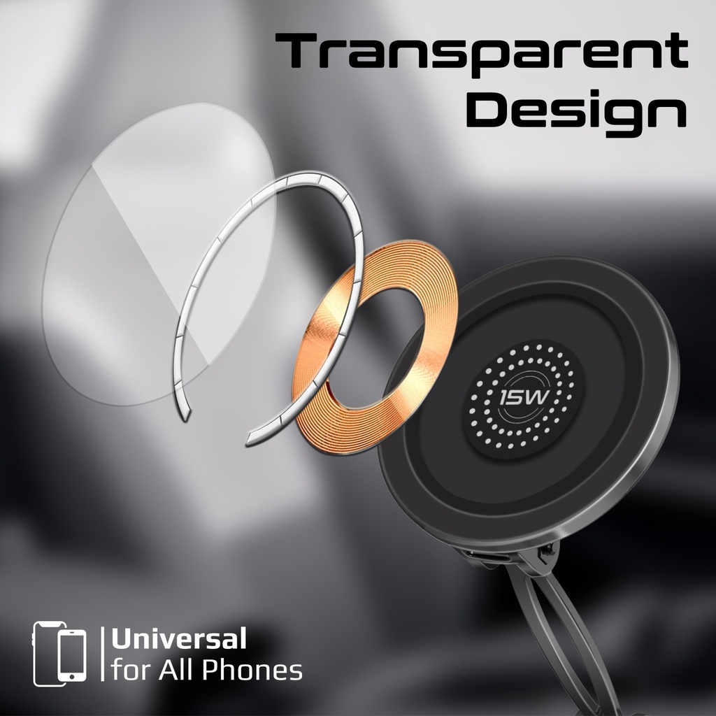 Promate Foldable MagSafe Compatible 15W Wireless Charging Car Mount, Metal Ring Plate Included | Magnus2-Qi |