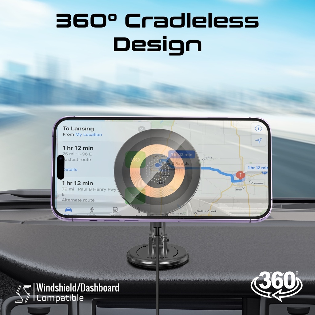 Promate Foldable MagSafe Compatible 15W Wireless Charging Car Mount, Metal Ring Plate Included | Magnus2-Qi |
