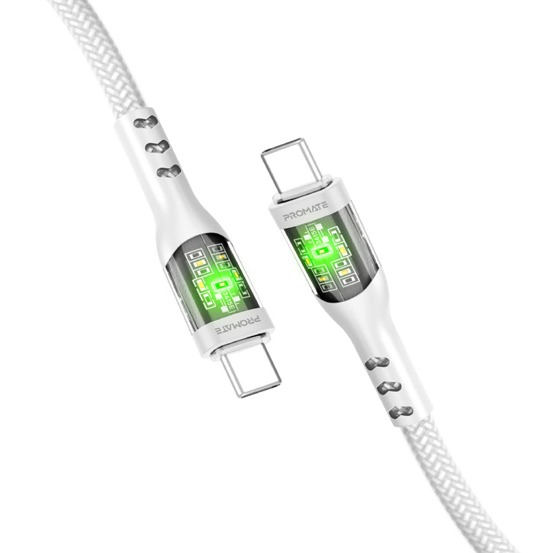 Promate 60W Power Delivery Ultra-Fast USB-C Cable with Transparent Shells, LED Lights, 2m Length | TransLine-CC200 |