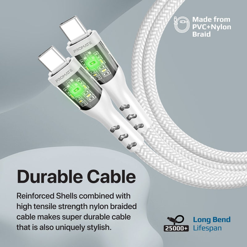 Promate 60W Power Delivery Ultra-Fast USB-C Cable with Transparent Shells, LED Lights, 2m Length | TransLine-CC200 |