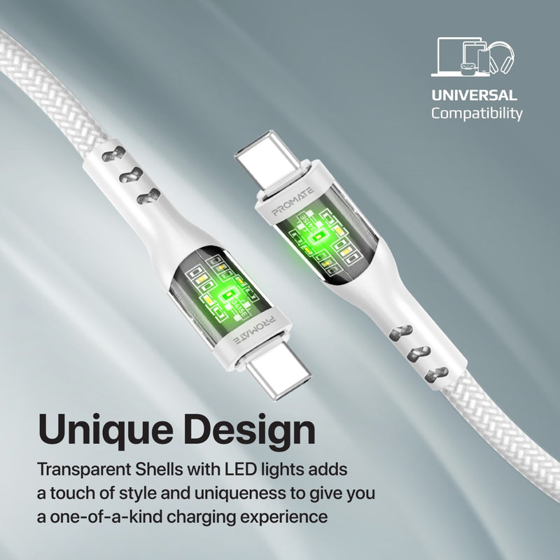 Promate 60W Power Delivery Ultra-Fast USB-C Cable with Transparent Shells, LED Lights, 2m Length | TransLine-CC200 |