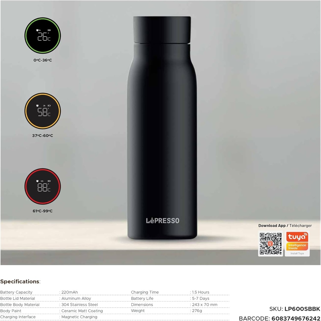 LePresso 600ml Smart Hydration Vacuum Bottle | LP600SBBK |