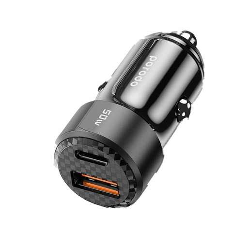 Porodo 50W Dual Port Car Charger PD 20W QC 30W with C to C Cable - Black | PD-CC50WC-BK |