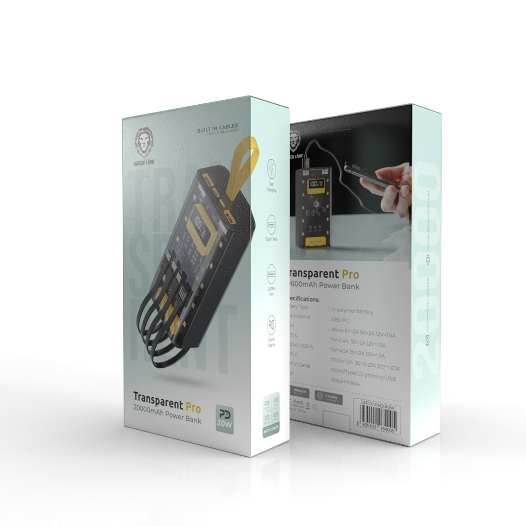 Green Lion Transparent Pro 20,000mAh Power Bank With Built-in Cables | GNTRAPB20KBK |