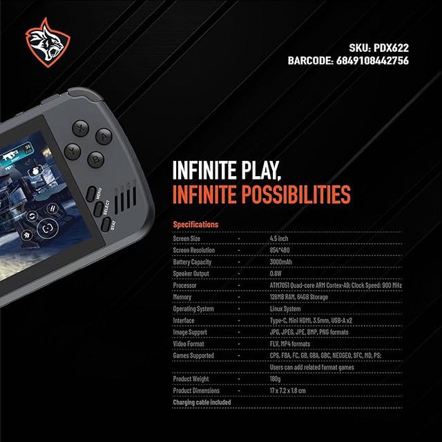 Porodo Gaming Multimedia & Gaming Console 4.5" 128MB RAM + 64GB 3000mAh - Black | PDX622 |