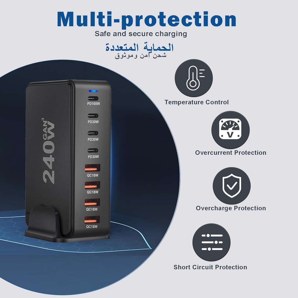 7MD Desktop Fast Charger With GaN Safety Technology, With 4 Type-C +4 USB Ports & 240W Total Power