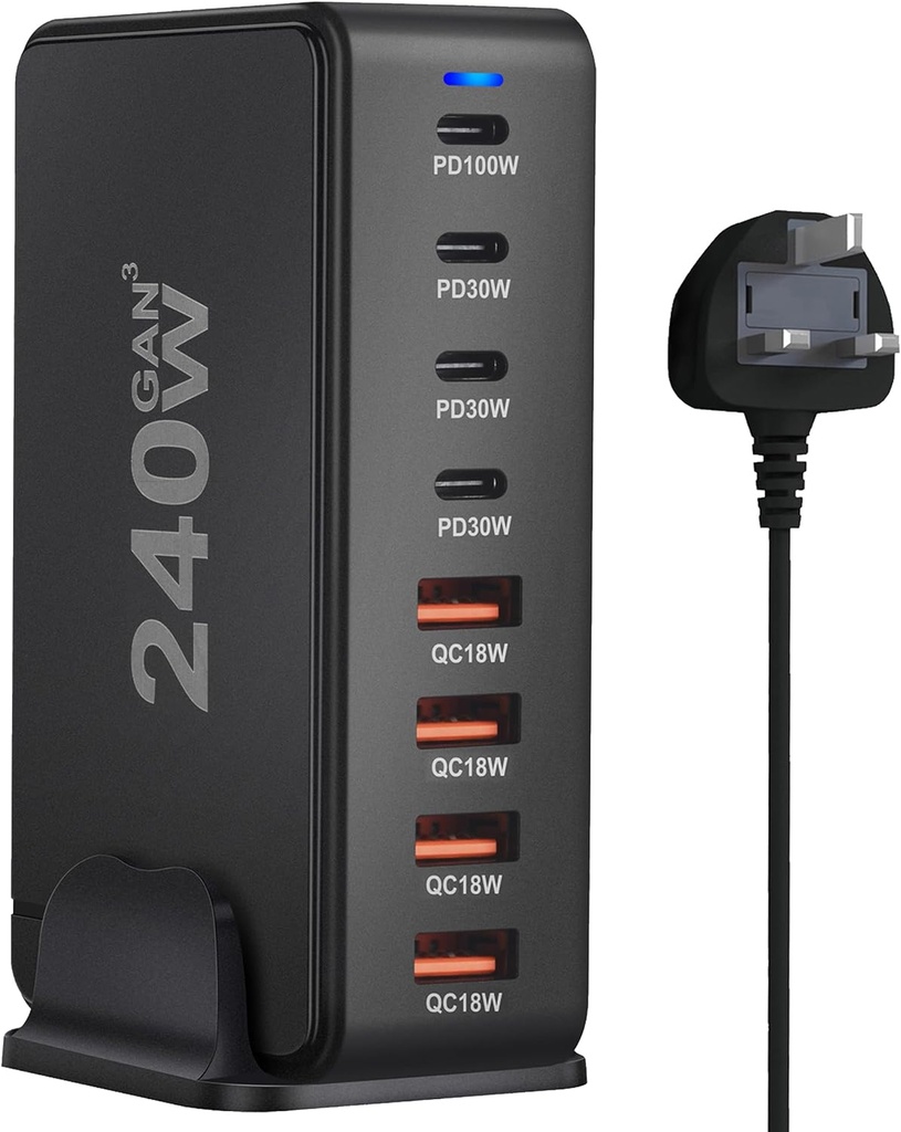 7MD Desktop Fast Charger With GaN Safety Technology, With 4 Type-C +4 USB Ports & 240W Total Power