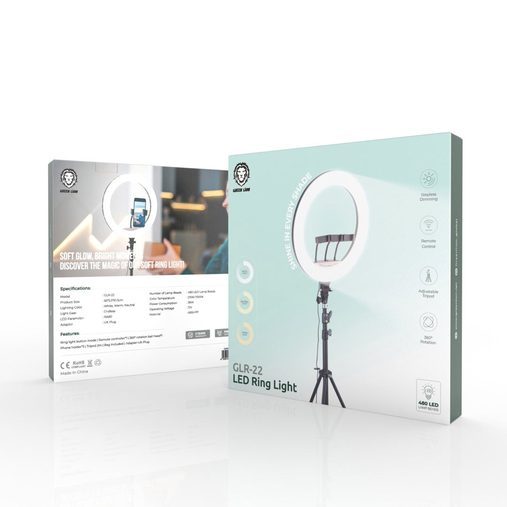 Green Lion LED Ring light 480 LED Lamp Beads GLR-22 with tripod stand 22 inch | GNRNGLIT22 |
