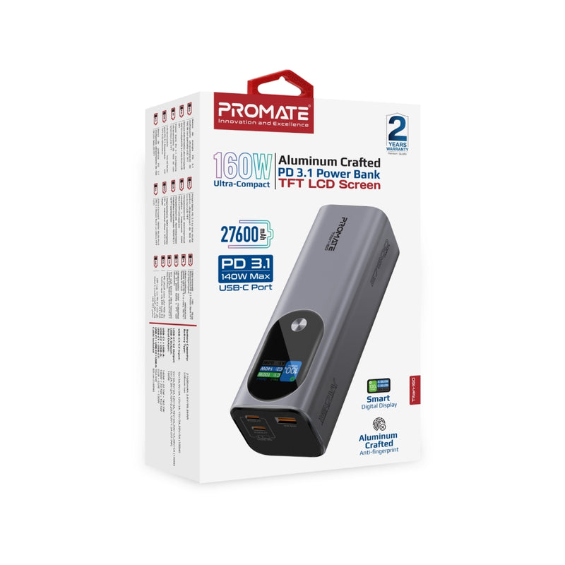 Promate 27600mAh Ultra-Compact 160W Multi-Port PD 3.1 Power Bank with TFT LCD Screen | Titan-160 |