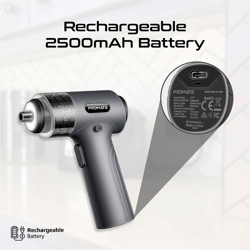 Promate 36-Pieces Wireless Electric Screwdriver Kit with LED Fill Light | ProTools-31G |