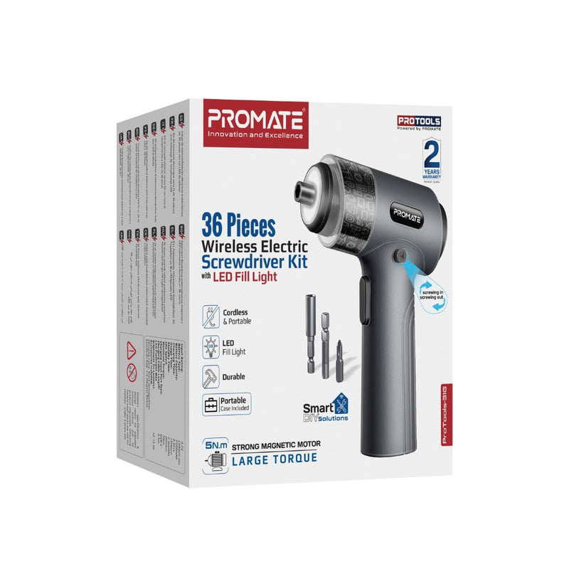Promate 36-Pieces Wireless Electric Screwdriver Kit with LED Fill Light | ProTools-31G |