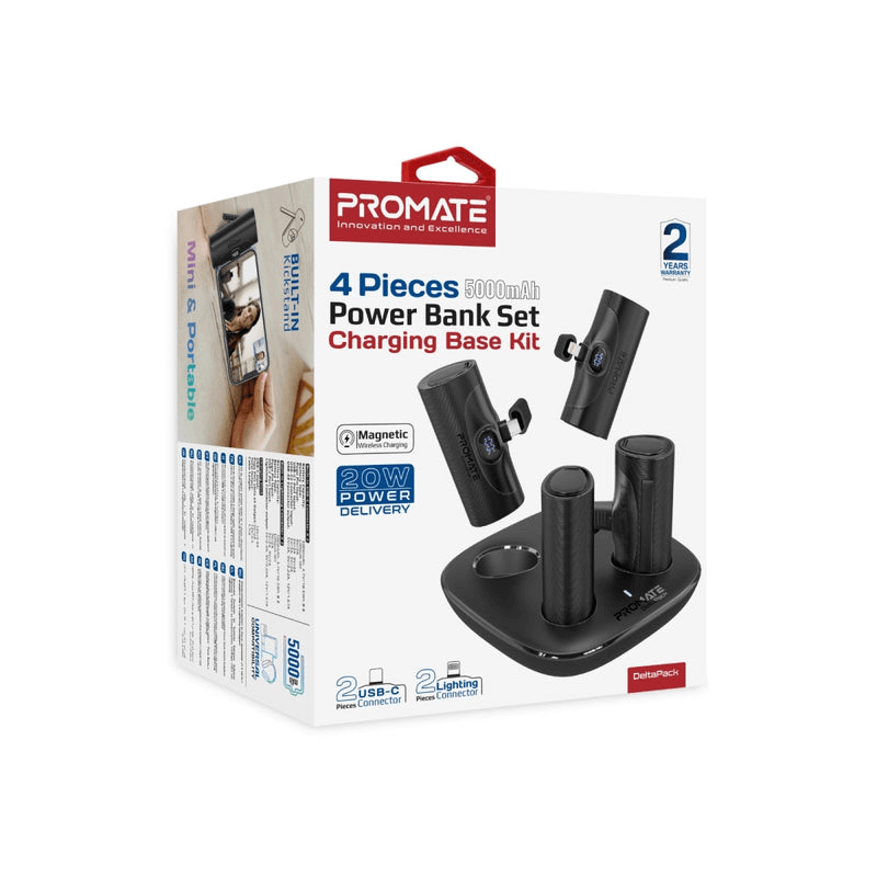 Promate Ultra-Compact 4-Piece Fast Charging Power Bank Kit with In-Built USB-C and Lightning Connectors | DeltaPack |