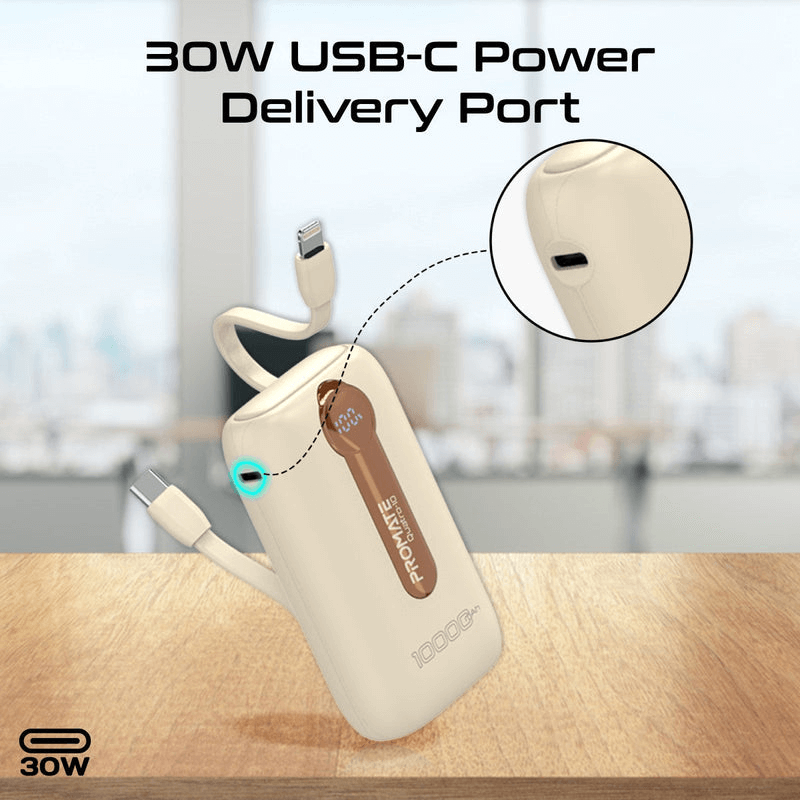Promate 4-Piece 10000mAh Power Bank Charging Set with In-Built USB-C and Lightning Cables | Quatro-10 |