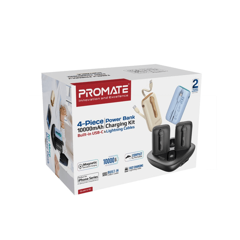 Promate 4-Piece 10000mAh Power Bank Charging Set with In-Built USB-C and Lightning Cables | Quatro-10 |