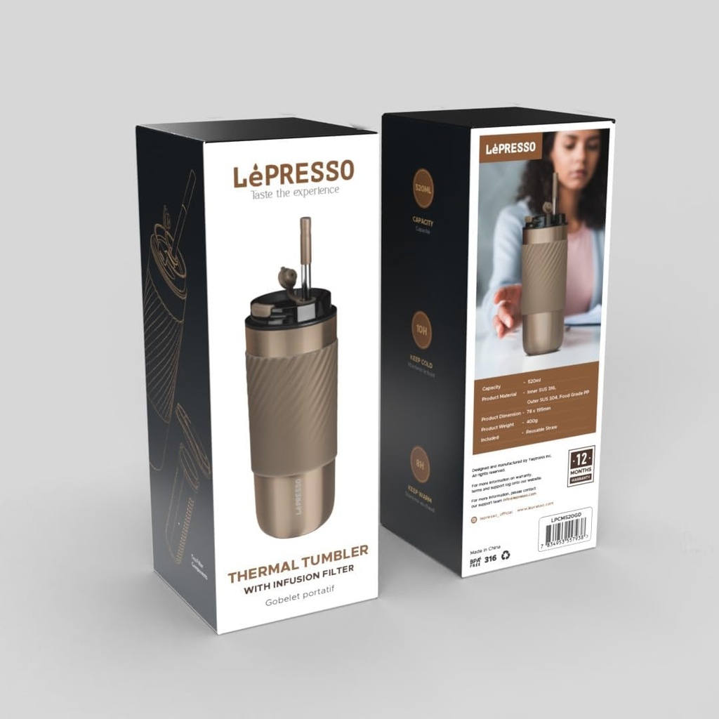 Lepresso Thermal Tumbler with Infusion Filter, 520ml Capacity | LPCM520GY/-GD |