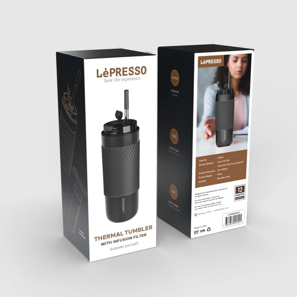 Lepresso Thermal Tumbler with Infusion Filter, 520ml Capacity | LPCM520GY/-GD |