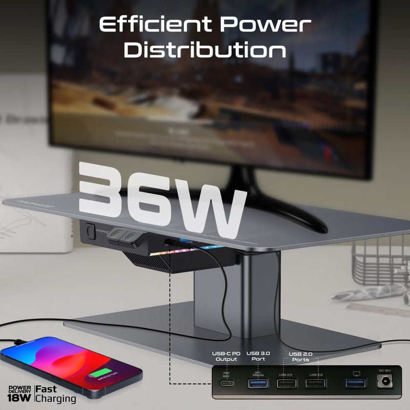 Promate Motorized Ergonomic Monitor & Laptop Stand with Built-In USB Hub | Raizer |