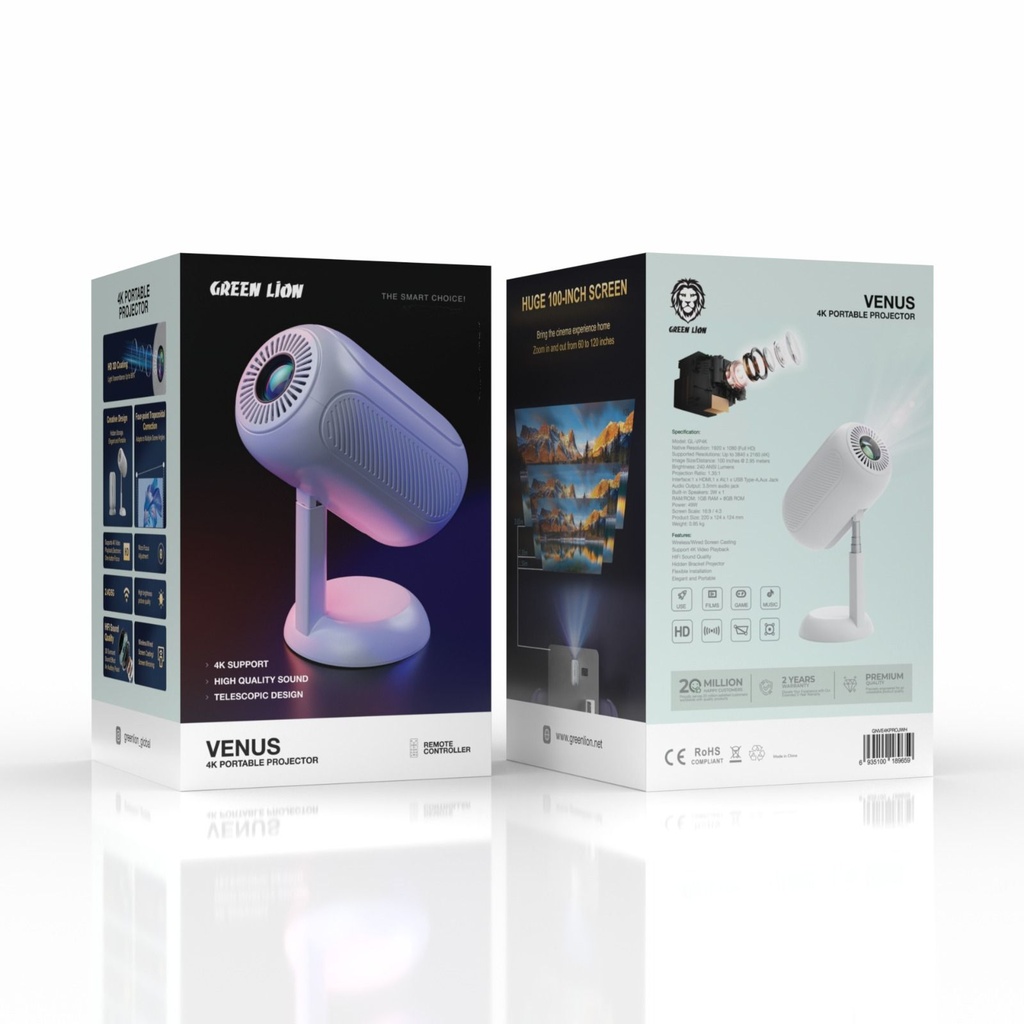 Green Lion Venus4K Portable Projector - White | GNVE4KPROJWH | Sub:lily