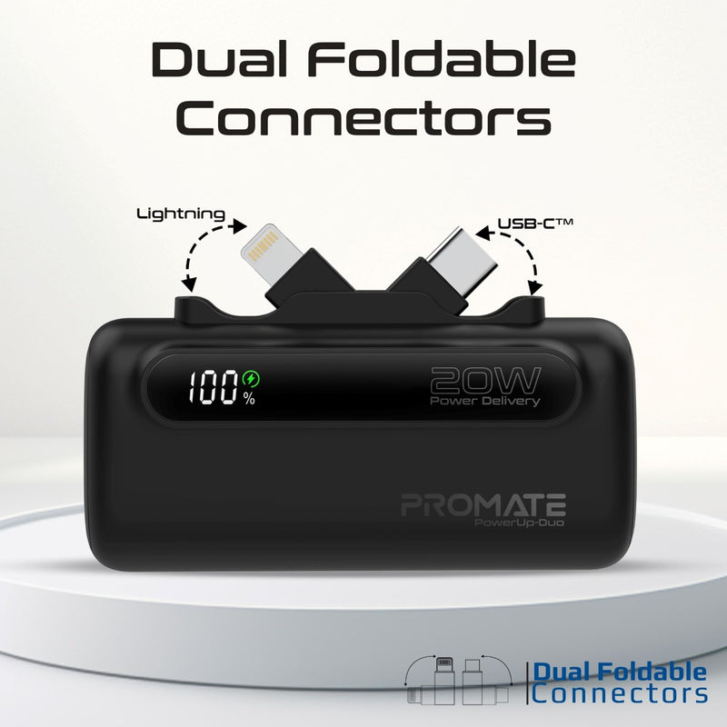 Promate Ultra-Compact Fast Charging Power Bank with Dual foldable USB-C™ & Lightning Connectors 20W, 5000mAh | PowerUp-Duo |