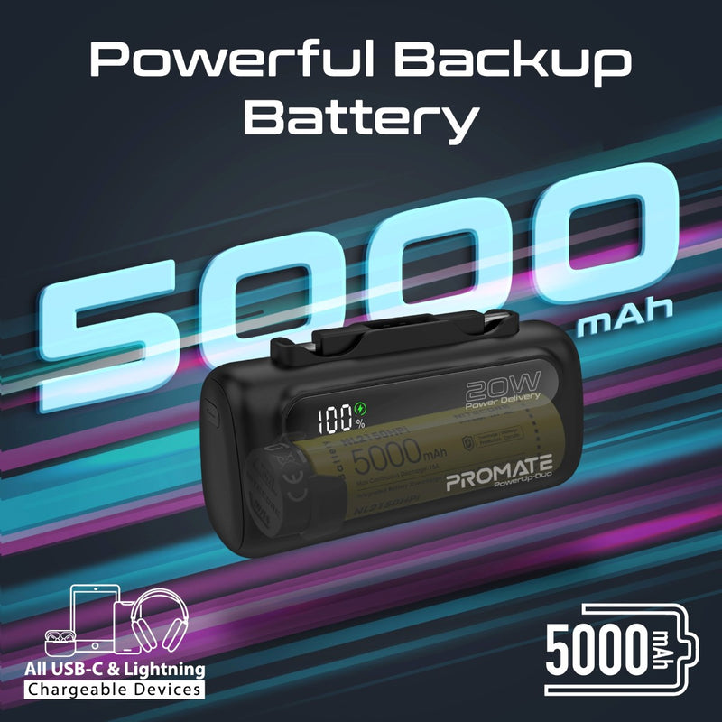 Promate Ultra-Compact Fast Charging Power Bank with Dual foldable USB-C™ & Lightning Connectors 20W, 5000mAh | PowerUp-Duo |