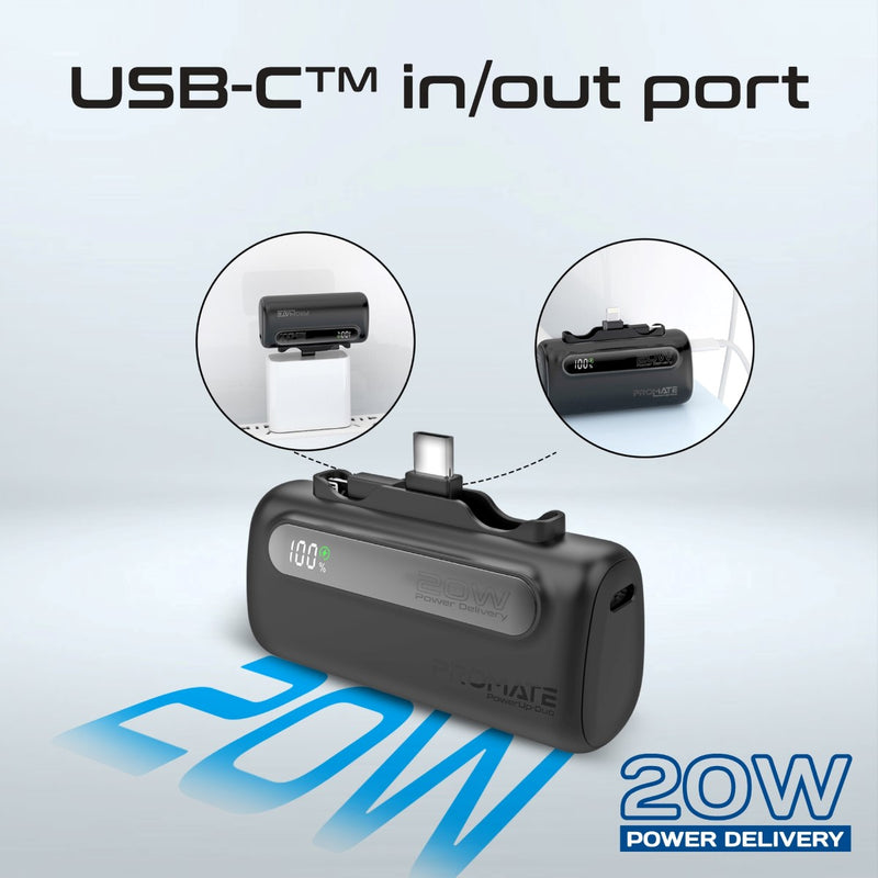 Promate Ultra-Compact Fast Charging Power Bank with Dual foldable USB-C™ & Lightning Connectors 20W, 5000mAh | PowerUp-Duo |