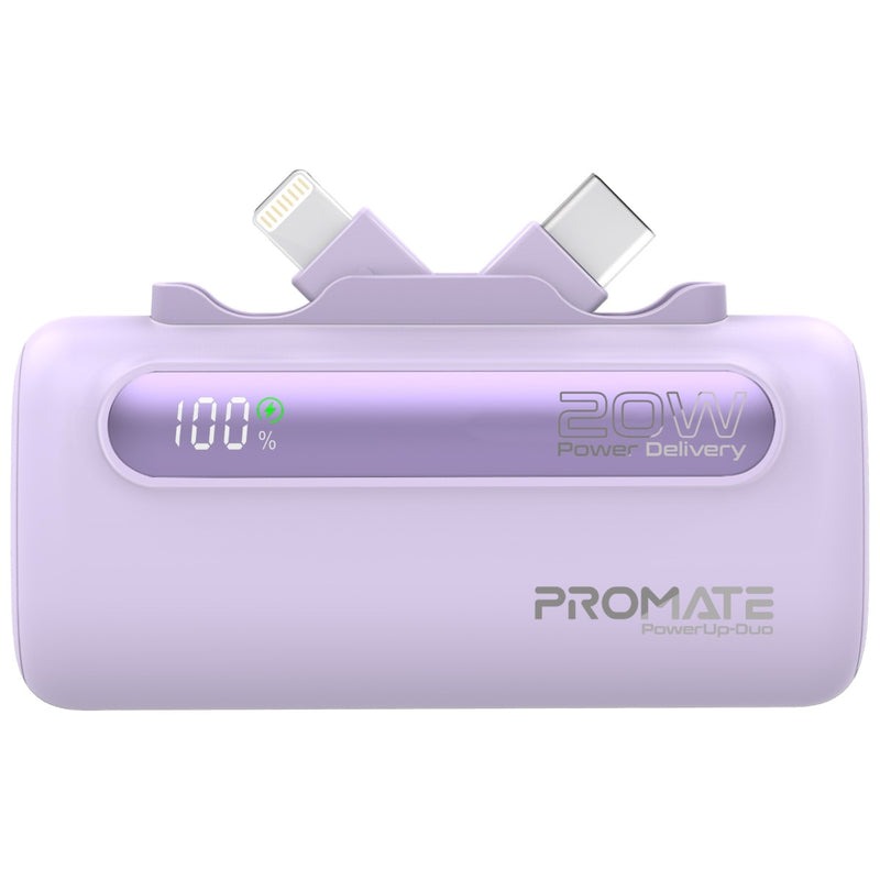Promate Ultra-Compact Fast Charging Power Bank with Dual foldable USB-C™ & Lightning Connectors 20W, 5000mAh | PowerUp-Duo |