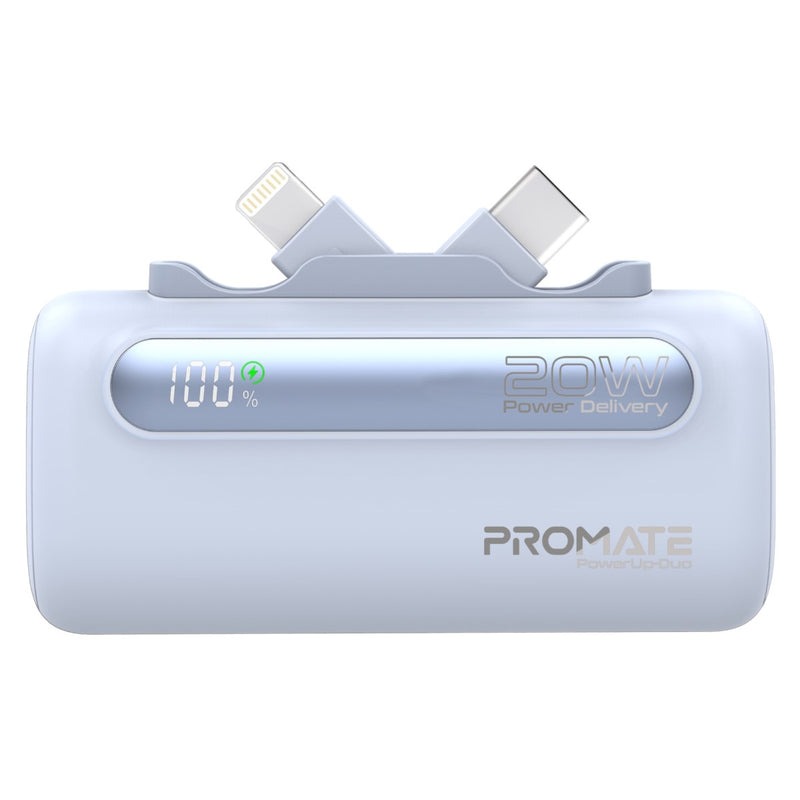 Promate Ultra-Compact Fast Charging Power Bank with Dual foldable USB-C™ & Lightning Connectors 20W, 5000mAh | PowerUp-Duo |