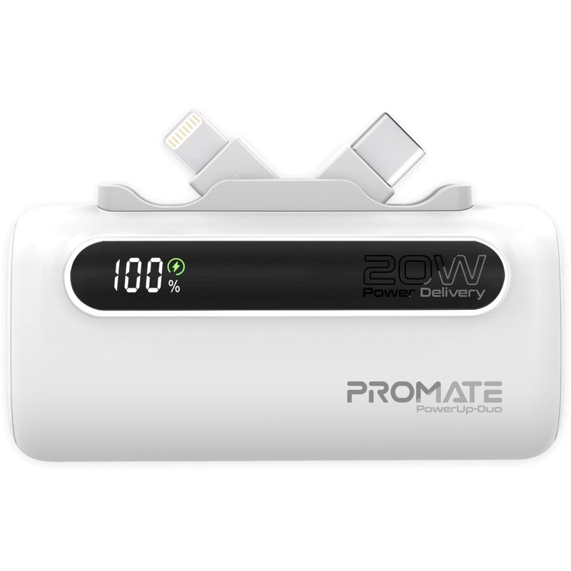 Promate Ultra-Compact Fast Charging Power Bank with Dual foldable USB-C™ & Lightning Connectors 20W, 5000mAh | PowerUp-Duo |