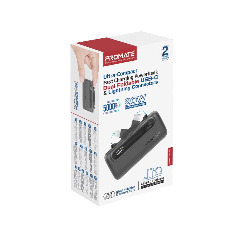 Promate Ultra-Compact Fast Charging Power Bank with Dual foldable USB-C™ & Lightning Connectors 20W, 5000mAh | PowerUp-Duo |